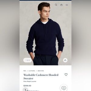 Polo Ralph Lauren Men’s Blue Cashmere Washable Hooded Sweater Size Large EUC